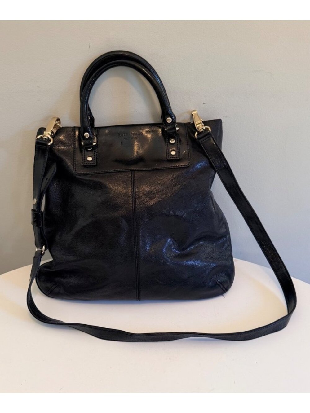 Kate Spade Black Leather Crossbody Tote With Polka Dot Lining & Adjustable Strap